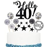 Conruich 40. Geburtstag Tortendeko Set Hello 40th Birthday Kuchen Topper Schwarz Cake Topper mit Papierfächer und Konfetti Luftballons Glitzer Cupcake Topper für 40. Geburtstag Party Dek
