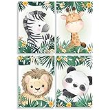 Klasse 4er Set Bilder Dschungeltiere Dschungel Panda Löwe Giraffe Zebra Dekobilder Kinderzimmer Babyzimmer Jungen Mädchen Baby Bilderset Poster DIN A4 Dekoration (ohne Rahmen)