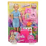 Barbie FWV25 - Barbie Travel Puppe (blond) mit Hündchen, aufklappbarem Koffer, Stickern und mehr als zehn Accessoires, Spielzeug ab 3 J