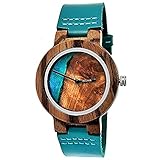 Handgefertigte Holzwerk Germany® Designer Damen-Uhr Epoxid Harz Öko Natur Holz-Uhr Leder Armband-Uhr Analog Quarz-Uhr Epoxidharz Zifferblatt in Blau Türk