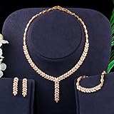 MLKJSYBA Halsketten 3 Stücke Micro Pave Cubic Zirkon Baumeln Tropfen Blume Blatt Hochzeit Schmuck Set Frauen Abend Party Kleid Zubehör Halsketten für Frauen (Metal Color : Gold Color)