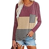 higyee Damen Shirts, Casual Langarm Rundhals Rundhals Farbblock Patchwork Pullover, Damen und Mädchen Lose Tagesoberteile mit R