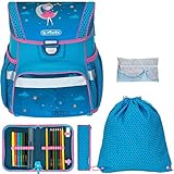 Schulranzen Herlitz Loop Plus Jungen Mädchen Ranzen Tornister Schultasche leicht 5 Teile Set mit Regenhülle (Moon Lady 2471)