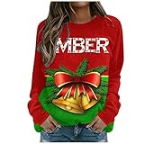 BIBOKAOKE Pullover Weihnachten Damen Rundhals Langarm Sweatshirt Patchwork Christmas Print Pullover Basic Langarmshirt Casual Oberteile für Frauen Longshirt Weihnachtsp