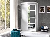 Furniture24 Schwebetürenschrank Nero Kleiderschrank Schiebtür 2 Türen 5 Einlegeboden 1 Kleiderstange Schrank Schlafzimmer Weiß matt mit Spieg