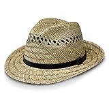 fiebig Bogart Strohhut für Damen & Herren | Sonnenhut aus 100% Stroh mit veganem Leder-Hutband | Natur Fedorahut in vielen Größen (59-L)