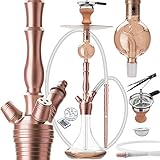 DILAW® Tornado Shisha Set Hookah Aluminium Alu 67cm + LED Licht | Wasserpfeife Kaminkopf Komplettset Molassefänger Closed Chamber 3 Anschlüssen Silikonschlauch Mundstück Edelstahl Rosé G