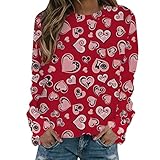 Hekbaep Damen Valentinstagsgeschenk Für Sie Pullover Mit Langärmlige Valentinstag Oberteile Rot Und Weiß Gestreifter Liebes Druck Freizeit Lässiges Lockere Langen Ärmeln Bluse (Rot, L)