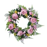 Kunyun Künstliche Pfingstrosen Blumenkranz Pfingstrosen mit Hortensien Floral Willkommen Türkranz für Fenster Wand Hochzeit Heimdek