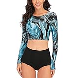 NESY Damen Rash Guard Langarm Zweiteiliger Badeanzug UPF 50+ Crop Top Surfen Badeanzug mit Boyshorts Bademode Set - - S