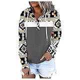 Damen Patchwork Hoodie Geometrischer Druck Kordelzug Kapuzenpullover Freizeit Training Sweatshirt Langarmshirt mit Tasten und Kängurutasche Pulli Streetw