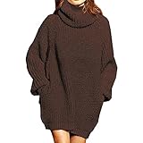Herbst Und Winter Damen Casual Fashion High-Neck Solid Color Tasche Strickpullover Lose Hedging Pile Kragen Langarm Mittellanger Pullover D