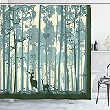 ABAKUHAUS Duschvorhang, 2 Hirsche im Tiefwald Tier in Nebligen Wald in Natur Unter in Cartoon Werent Grun Natur Druck, Blickdicht aus Stoff inkl. 12 Ringe für Das Badezimmer Waschbar, 175 X 200