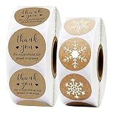 1000 Stück Dank Aufkleber Weihnachten,Schneeflocken Aufkleber,Kraft Thank You Aufkleber,Geschenksticker,Aufkleb Etiketten Rund Selbstklebend,Roll Aufkleb für Giveaways Thanksgiving Geschenktü
