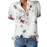 YEBIRAL Damen Bluse Sommer Kurzarm V Ausschnitt Hemd Knopfleiste Oberteile Hemdbluse Große Größen Blusenshirt Oversize Tshirt Casual Locker Blumen Tunika Top