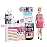 Barbie GMW03 - Naschcafé Spielset, kurviger blonde Barbie (30,4 cm), +20 realistische Spielteile: Maschine, Milch, Sirup, Kaffeebecher, Wasserflaschen, Süßigkeiten, Snacks und mehr, ab 3 J