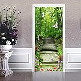 Grüner Wald Treppe Türaufkleber 3D Naturlandschaft Tapete Wohnzimmer Küche Wasserdichte Haustür Aufkleber 3D Wandaufkleb