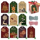 Geschenkanhänger Weihnachten, 100 Stück Braunes Kraftpapier Anhänger mit Schnur aus Baumwolle für Geschenk Weihnachten Papieranhänger Etiketten für Geschenkverpackung DIY Handwerk Dek