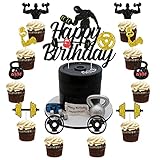 Fitness-Kuchen-Dekorationen - Kuchen- und Cupcake-Dekorationen für Männer Schwarz und Gold Fitness-Kuchen-Dekorationen, 25 Stück Glitzer-Gewichtheben-Kuchen-Dek