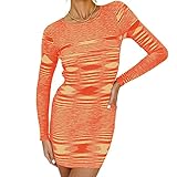 Qtinghua Damen Sexy Bodycon Kleid Elegant Langarm Rundhals Abstrakt Geometrisch Print Mini Knit Partykleid, Orange, M