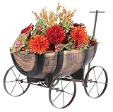 Blumenwagen Whiskyfass - Pflanzwagen auf rädern, Gartendeko Blumentopf Barel - realistischer Blumentopf Holzoptik - Blumentopf Planzschubkarre für Innen- und außen -Maße Pflanzfläche 41x29x19