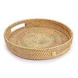 SUMNACON Rundes Rattan-Serviertablett mit Griffen, dekoratives Tablett für Getränke, Frühstück, Tee,