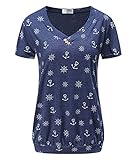 GNAWZHIQ T-Shirt Damen V-Ausschnitt Basic Tee Anker Druck Tshirt Lässig Sommer Tops Kurzarm Blusen, blau Size XL