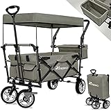 TRESKO Bollerwagen faltbar mit Dach | Handwagen mit 3-Punkt Gurtsystem | Gartenwagen klappbar | Transportwagen mit Vollgummi-Reifen + Bremse + Tragetasche (Grau)