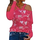 Briskorry Sexy Schulterfrei Oberteil Damen Valentinstag Geschenke Herzförmig Druck Off Shoulder Langarmshirt Vintage Sweatshirt Langarm Shirts Elegante Bequem T-S