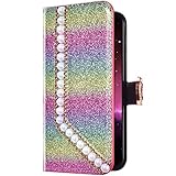 Uposao Kompatibel mit iPhone 7 Plus/iPhone 8 Plus Hülle Glänzend Glitzer Bling Perle Strass Diamant Klapphülle Flip Case Leder Schutzhülle Handyhülle Wallet Tasche Kartenfächer Magnet,Rosa Grü