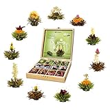Creano Teeblumen Geschenkset in Teekiste aus Holz 12 Erblühtee in 11 Sorten weißer Tee, grüner Tee, schwarzer Tee, Teerosen, Geschenk für Frauen, Mutter, Teeliebhab