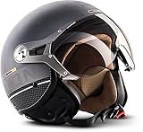 SOXON® SP-325 Plus „Titanium Ace“ · Jet-Helm · Motorrad-Helm Roller-Helm Scooter-Helm Moped Mofa-Helm Chopper Retro Vespa Vintage Pilot Biker · ECE 22.05 Visier Schnellverschluss Tasche XS (53-54cm)