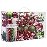 VALERY MADELYN Weihnachtskugeln 100 TLG 3-20cm Kunststoff Christbaumkugeln zur Weihnachtsdekoration mit Weihnachtsbaumspitze und Aufhänger Klassische Serie Thema Rot Grün Weiß MEHRWEG Verpackung