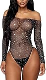 Bommi Fairy Damen Body Sexy Sheer Mesh Langarm Strass besetzt Bodysuit Bodysuit Bluse Tops Overall Bodysuit mit Rundhals für Frauen Eleganter Jumpsuit (Schwarz)