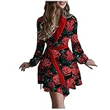 Kleid Damen, Sexy Kleid Damen, Kleid Damen Elegant, Frauen Casual Umlegekragen Rose Blumen Print Langarm Kleid Strickjacke Pyjamas L