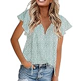 YURUNFEN Frauen Chiffon Shirts für Sommer Elegant V-Ausschnitt Gedruckt Tops Rüschen Kurzarm Bluse, grün, M