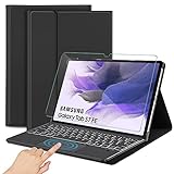 SROSSTEC Tastatur Hülle Kompatibel mit Samsung Tab S7 FE & Tab S7+/Tab S7 Plus, QWERTZ Kabellose Beleuchtete Bluetooth Samsung Galaxy Tab S7 FE 12.4 Zoll 2021 Tastatur mit Touchpad+Panzerglas,Schw