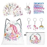 URAQT 23 Stück Einhorn Kordelzug Rucksack Geschenke für Mädchen/Make-up Tasche/Haargummis/Geldbörse/Schlüsselanhänger/Armbänder als Partygeschenk, Blütenfarb