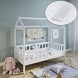 Hausbett Kinderbett Jugendbett 90x200 mit Matratze Rausfallschutz & Lattenrost weiß 200 x 90 für Mädchen und Jung