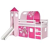 IDIMEX Rutschbett Benny Hochbett Kinderbett Spielbett Holzbett mit Rutsche, Vorhang, Tunnel und Turm Prinzessin Motiv rosa pink, Kiefer massiv weiß lackiert, 90 x 200