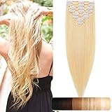 SEGO Clip in Extensions Echthaar 8 Teiliges Set Haarverlängerung Haarteil Remy hitzebeständig glatt Hellblond#613 20'(50cm)-80 g