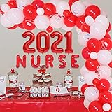 Krankenschwester Abschlussfeier Dekorationen Krankenschwester Luftballons Garland Kit Rot Weiß Ballon Nummer 2021 Folienballon für BSN Nursing Medical School Abschlussfeier, RN Theme Party Supp