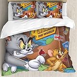 NBAOBAO Tom and Jerry Bettwäsche Set Bettbezug,3D-Digitaldruck,1 Bettbezug und 2 Kissenbezüge,Geschenke für Kinder, Einzelbett (1,135X200CM+2 * 80X80CM)