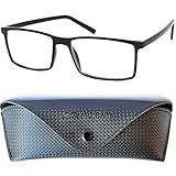 Rechteckige Lesebrille mit großen Gläsern - mit GRATIS Brillenetui und Brillenputztuch, TR90 Kunststoff Rahmen (Schwarz), Lesehilfe Herren und Damen +1.5 Diop