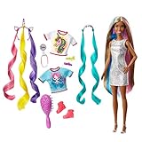 Barbie GHN05 - Fantasie Haar Puppe (brünett) mit zwei verzierten Haarreifen, zwei Oberteilen und Accessoires für Meerjungfrauen- und Einhorn-Looks, inklusive Haarstyling-Zubehör, ab 3 J