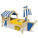WICKEY Kinderbett mit Dach CrAzY Finny Spielbett mit Schiffanbau und Segel Abenteuerbett mit Lattenboden, blau, 90x200