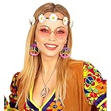 NET TOYS Hippie Kostüm Set mit Haarband, Ohrringe und Brille Flower Power Haarschmuck 60er Jahre Outfit Sixties Damenkostüm Accessoire Damen Mode Zubehö