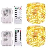 Qxmcov Lichterkette Außen Batterie, 2 Stück 14M 140 LED Lichterketten Aussen, Wasserdicht Kupferdraht Weihnachtsbeleuchtung Warmweiß Lichterkette mit 8 Modi und Fernbedienung für Balk