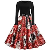 VICIKON Halloween Kleid Damen Langarm Abendkleid Damen Kleid,Kürbis Print Neckholder Kleid,1950er Vintage Retro Cocktailkleid Rockabilly Rundhals Faltenrock Abendkleid Partykleid,Halloween Kostü