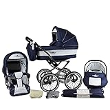 Bergsteiger Venedig Nostalgie Kinderwagen 3 in 1 Retro Kombikinderwagen Megaset 10 teilig inkl. Babyschale, Babywanne, Sportwagen und Zubehör (marine/white)